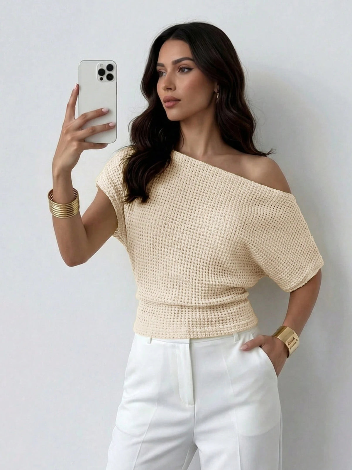 Firerie Women's Elegant Apricot Knit Tops,Textured Asymmetric Neckline Batwing Sleeve T-Shirt,Perforated Fabric Blouse For Summer Brunch Commute Daily Work