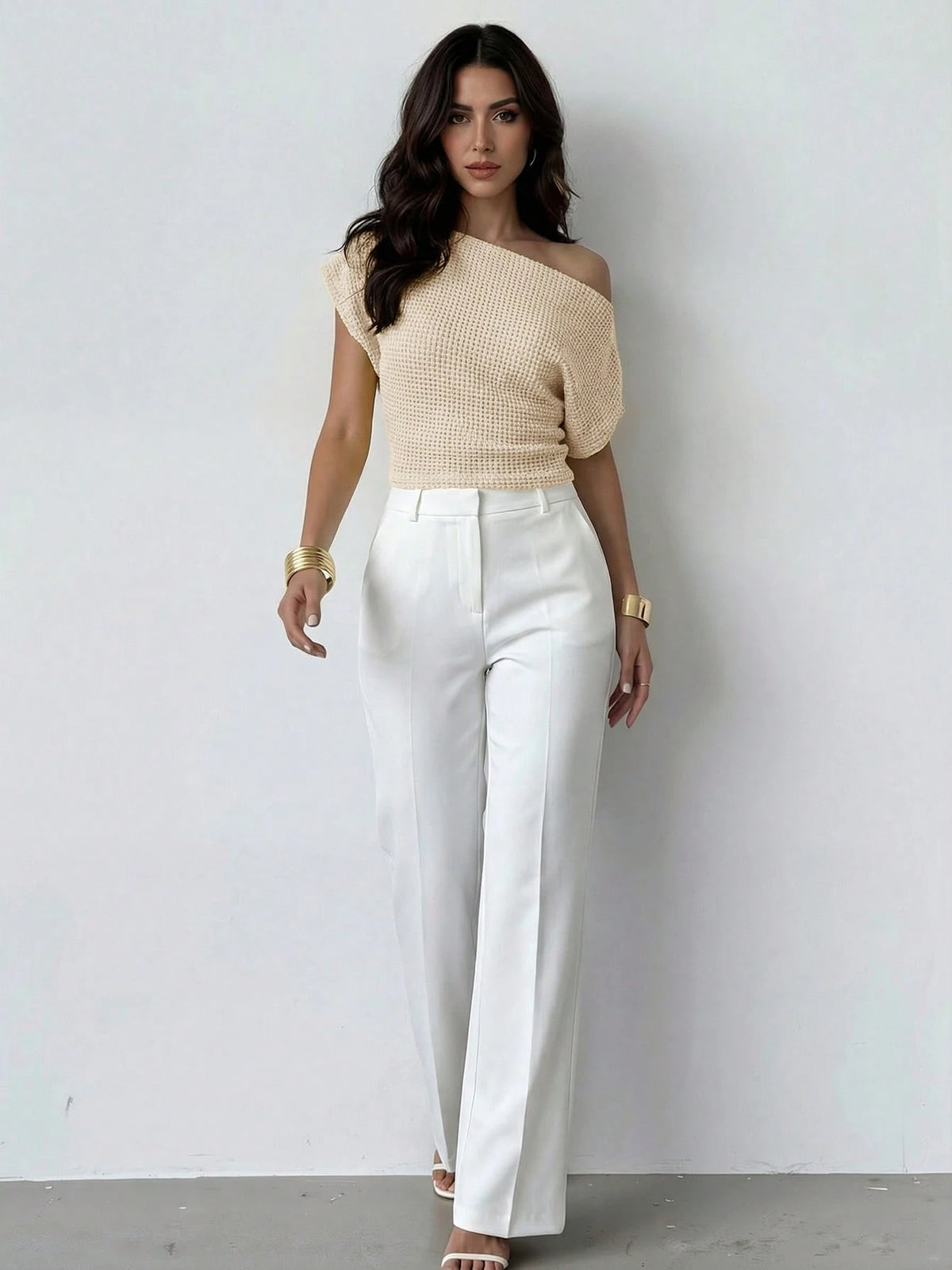 Firerie Women's Elegant Apricot Knit Tops,Textured Asymmetric Neckline Batwing Sleeve T-Shirt,Perforated Fabric Blouse For Summer Brunch Commute Daily Work