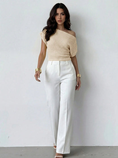Firerie Women's Elegant Apricot Knit Tops,Textured Asymmetric Neckline Batwing Sleeve T-Shirt,Perforated Fabric Blouse For Summer Brunch Commute Daily Work