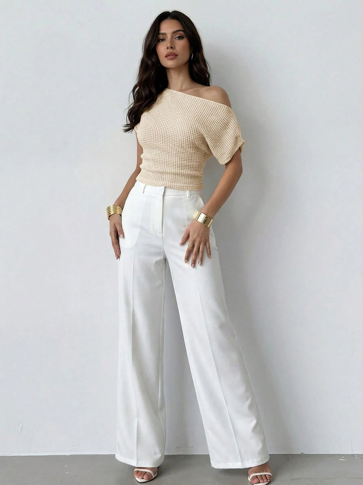 Firerie Women's Elegant Apricot Knit Tops,Textured Asymmetric Neckline Batwing Sleeve T-Shirt,Perforated Fabric Blouse For Summer Brunch Commute Daily Work