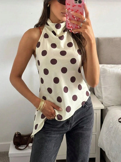 Firerie Women's Elegant French Casual Vacation Commute Tea Party Fashion New Draped Backless Halter Brown And White Polka Dot Print Blouse Top, Summer
