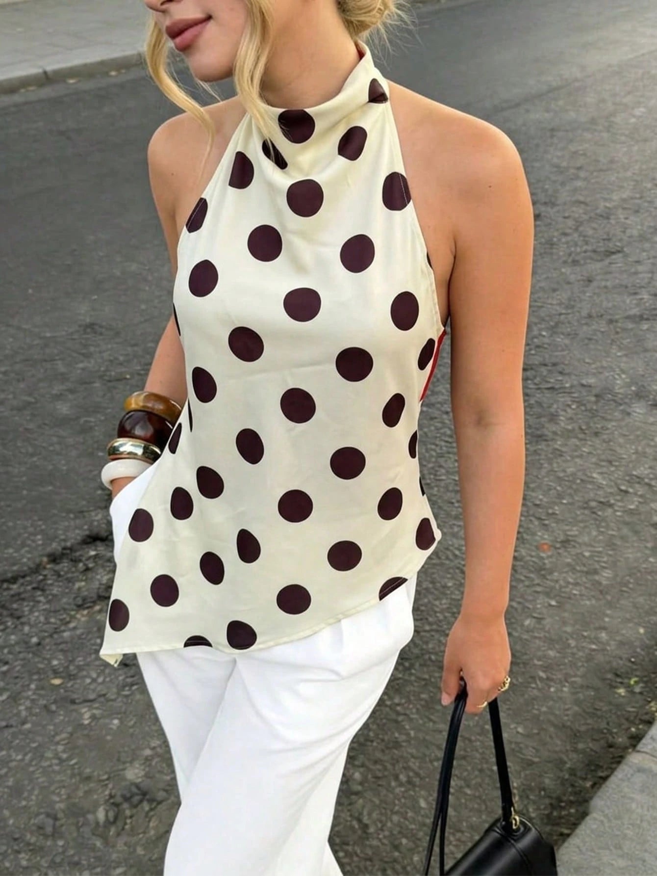 Firerie Women's Elegant French Casual Vacation Commute Tea Party Fashion New Draped Backless Halter Brown And White Polka Dot Print Blouse Top, Summer