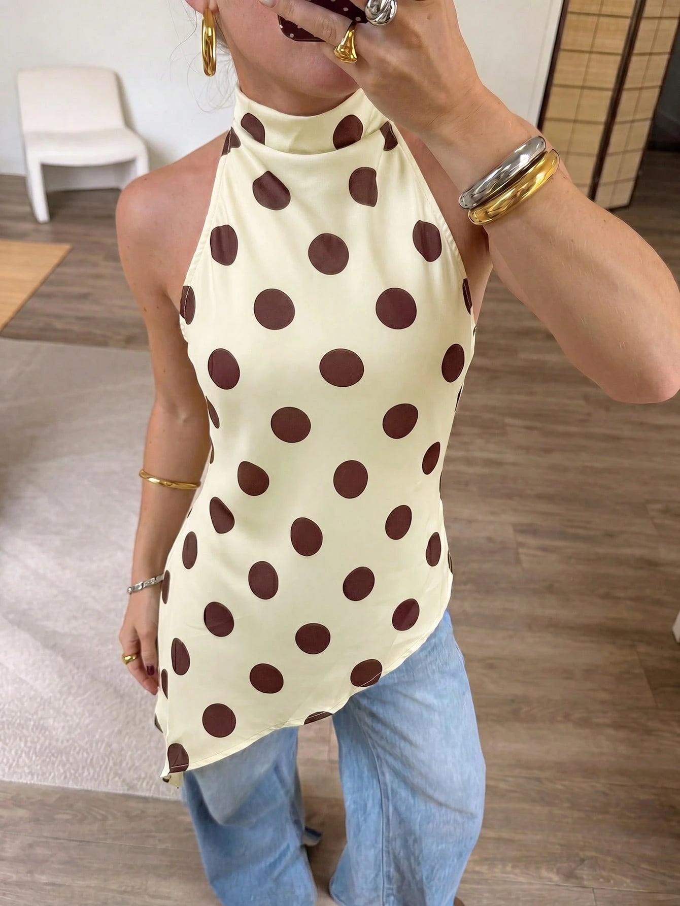 Firerie Women's Elegant French Casual Vacation Commute Tea Party Fashion New Draped Backless Halter Brown And White Polka Dot Print Blouse Top, Summer