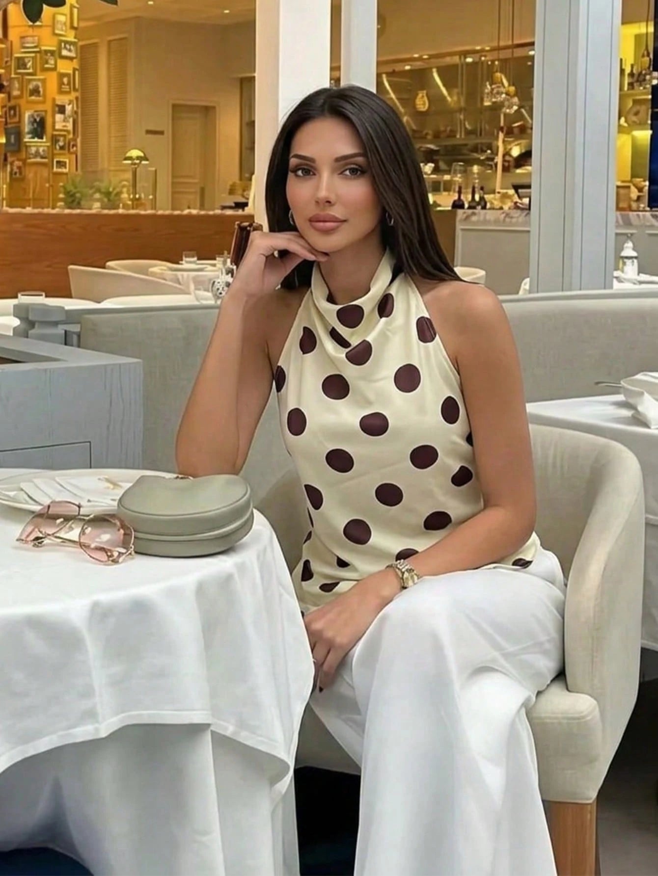 Firerie Women's Elegant French Casual Vacation Commute Tea Party Fashion New Draped Backless Halter Brown And White Polka Dot Print Blouse Top, Summer