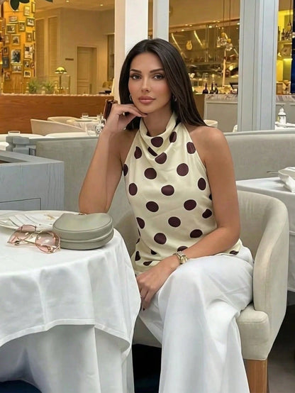 Firerie Women's Elegant French Casual Vacation Commute Tea Party Fashion New Draped Backless Halter Brown And White Polka Dot Print Blouse Top, Summer
