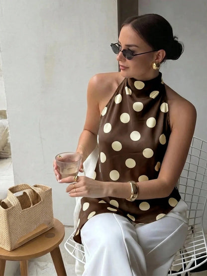 Firerie Women's Elegant French Casual Vacation Commute Tea Party Fashion New Draped Backless Halter Brown And White Polka Dot Print Blouse Top, Summer