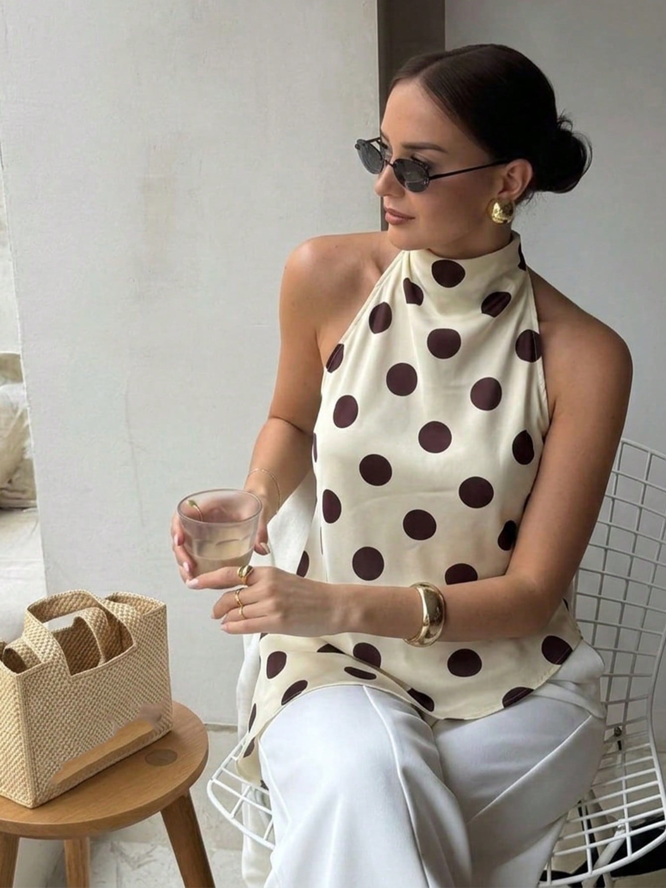 Firerie Women's Elegant French Casual Vacation Commute Tea Party Fashion New Draped Backless Halter Brown And White Polka Dot Print Blouse Top, Summer