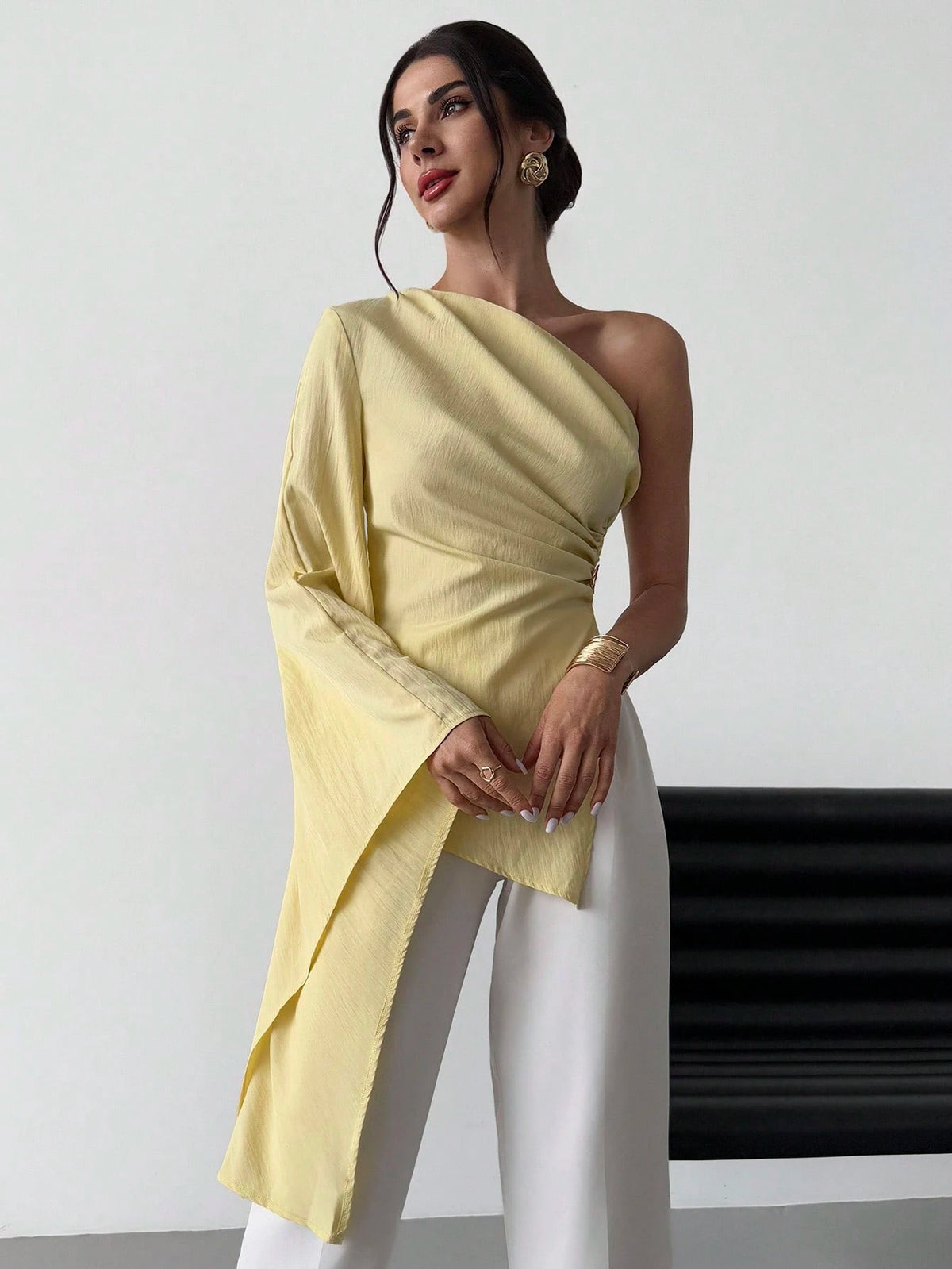 Firerie Women's Elegant Party Summer Pale Yellow Blouse,One Shoulder Extra Long Sleeve Pleated Metal Decoration Beach Resort Casual Vacation Fashion Outfits