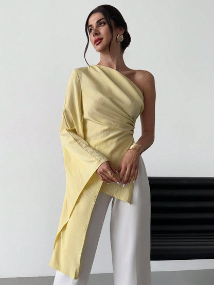 Firerie Women's Elegant Party Summer Pale Yellow Blouse,One Shoulder Extra Long Sleeve Pleated Metal Decoration Beach Resort Casual Vacation Fashion Outfits