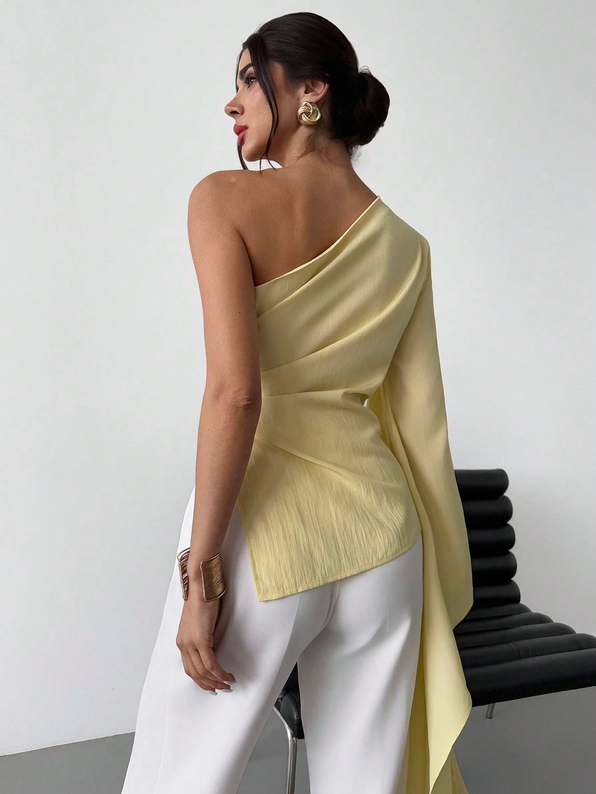 Firerie Women's Elegant Party Summer Pale Yellow Blouse,One Shoulder Extra Long Sleeve Pleated Metal Decoration Beach Resort Casual Vacation Fashion Outfits