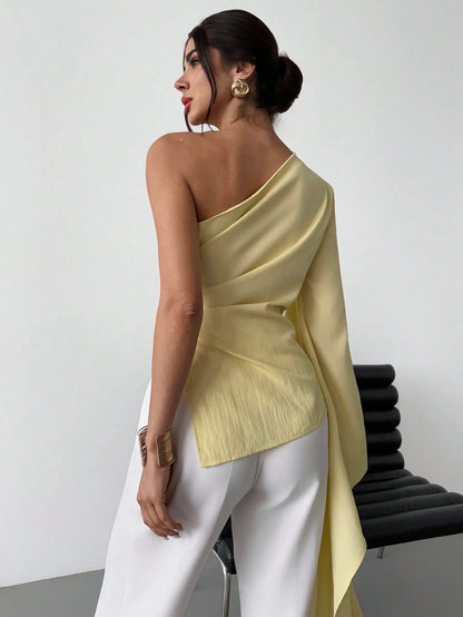 Firerie Women's Elegant Party Summer Pale Yellow Blouse,One Shoulder Extra Long Sleeve Pleated Metal Decoration Beach Resort Casual Vacation Fashion Outfits