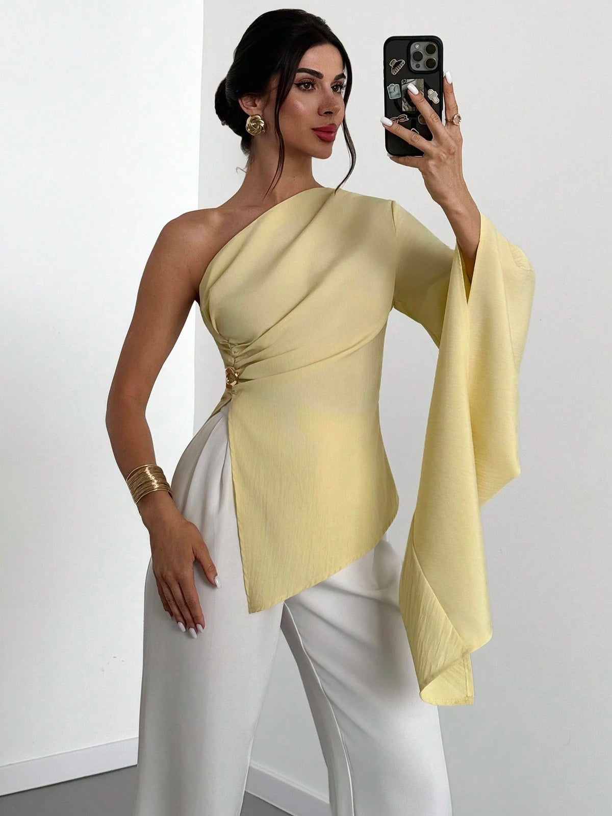 Firerie Women's Elegant Party Summer Pale Yellow Blouse,One Shoulder Extra Long Sleeve Pleated Metal Decoration Beach Resort Casual Vacation Fashion Outfits