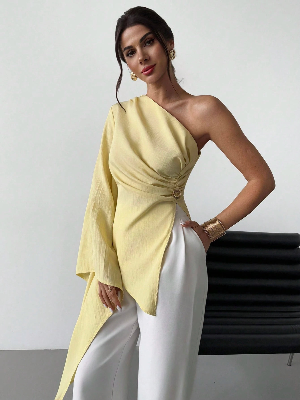 Firerie Women's Elegant Party Summer Pale Yellow Blouse,One Shoulder Extra Long Sleeve Pleated Metal Decoration Beach Resort Casual Vacation Fashion Outfits