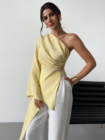Firerie Women's Elegant Party Summer Pale Yellow Blouse,One Shoulder Extra Long Sleeve Pleated Metal Decoration Beach Resort Casual Vacation Fashion Outfits