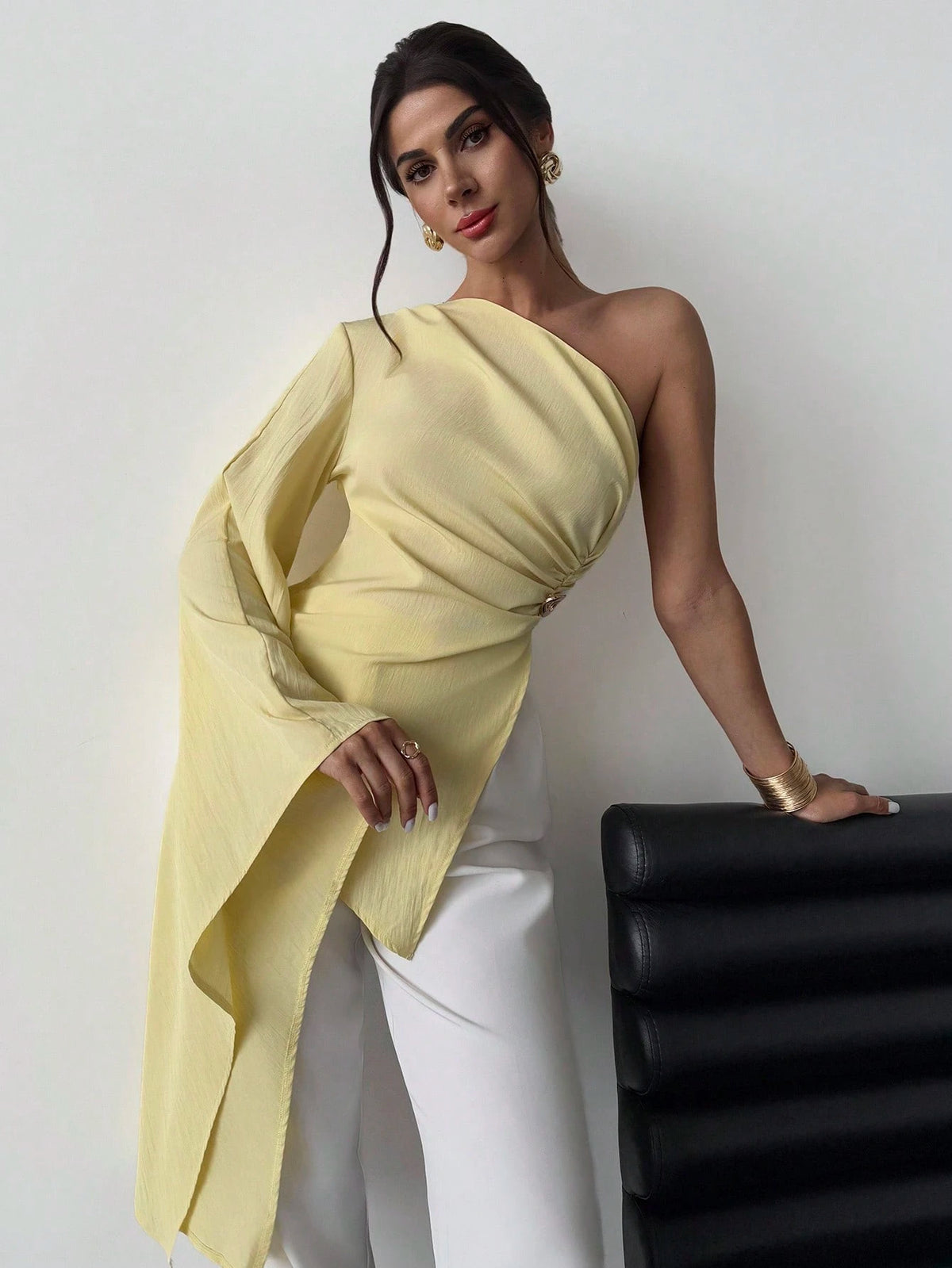 Firerie Women's Elegant Party Summer Pale Yellow Blouse,One Shoulder Extra Long Sleeve Pleated Metal Decoration Beach Resort Casual Vacation Fashion Outfits