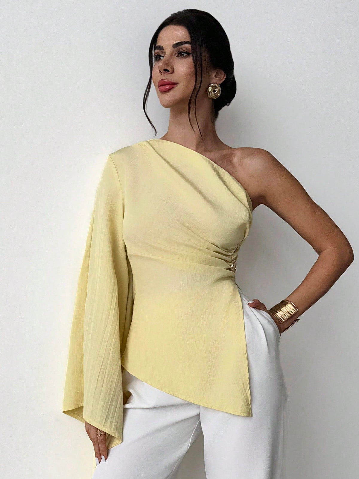 Firerie Women's Elegant Party Summer Pale Yellow Blouse,One Shoulder Extra Long Sleeve Pleated Metal Decoration Beach Resort Casual Vacation Fashion Outfits