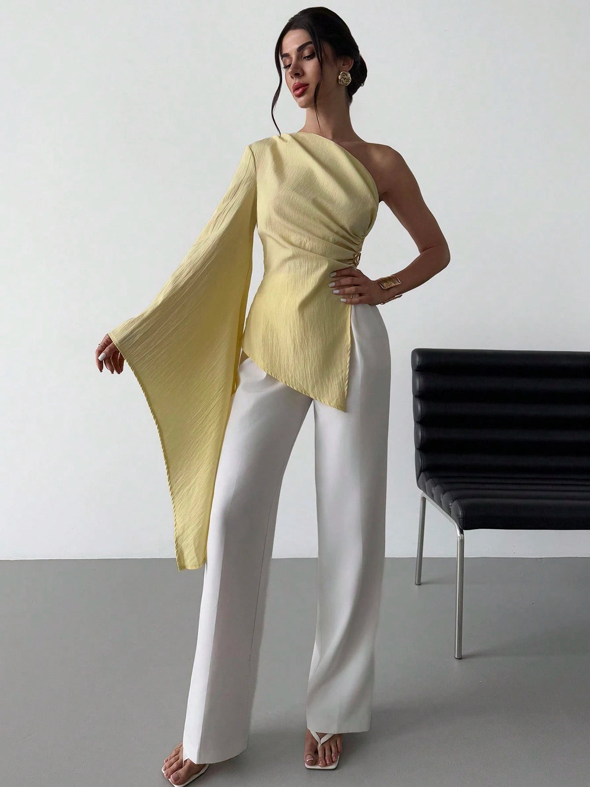 Firerie Women's Elegant Party Summer Pale Yellow Blouse,One Shoulder Extra Long Sleeve Pleated Metal Decoration Beach Resort Casual Vacation Fashion Outfits