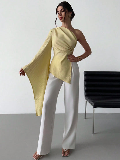 Firerie Women's Elegant Party Summer Pale Yellow Blouse,One Shoulder Extra Long Sleeve Pleated Metal Decoration Beach Resort Casual Vacation Fashion Outfits