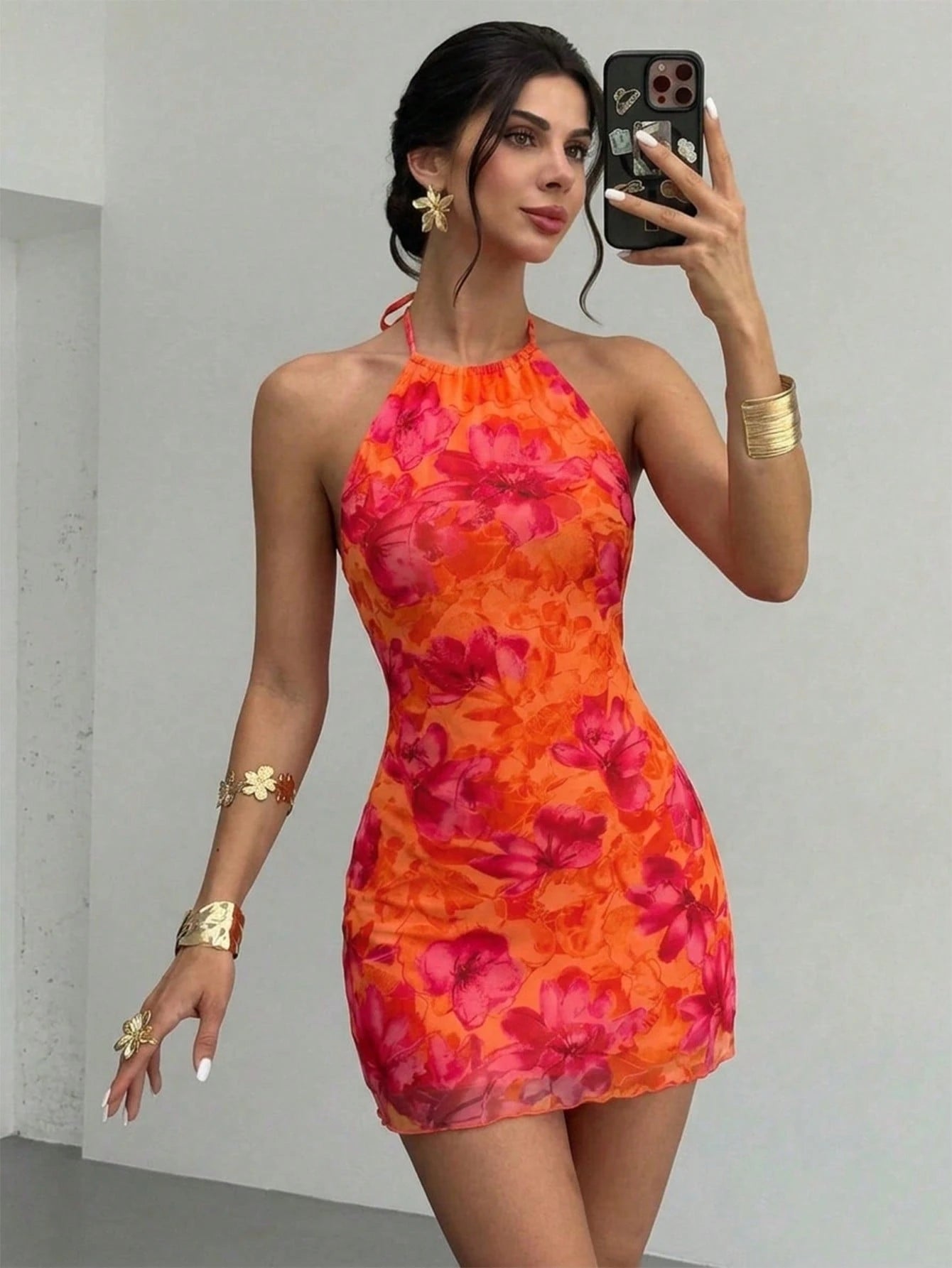Firerie Women's Elegant Sexy Tropical Cold-Shoulder Floral Mesh Mini Dress,Halter Tie Orange Red,Summer,Boho,Holiday,Vacation Beachwear Night Out Club