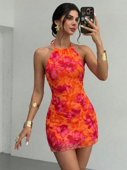 Firerie Women's Elegant Sexy Tropical Cold-Shoulder Floral Mesh Mini Dress,Halter Tie Orange Red,Summer,Boho,Holiday,Vacation Beachwear Night Out Club
