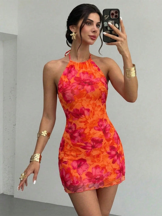 Firerie Women's Elegant Sexy Tropical Cold-Shoulder Floral Mesh Mini Dress,Halter Tie Orange Red,Summer,Boho,Holiday,Vacation Beachwear Night Out Club