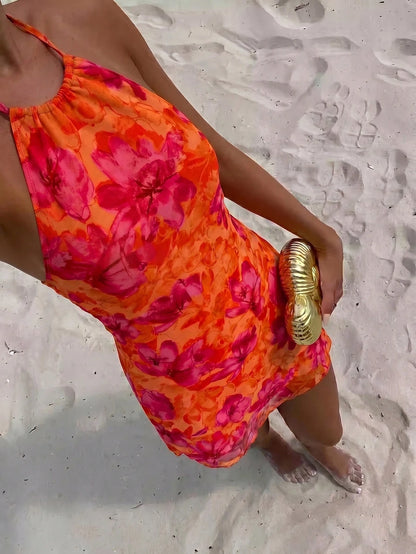 Firerie Women's Elegant Sexy Tropical Cold-Shoulder Floral Mesh Mini Dress,Halter Tie Orange Red,Summer,Boho,Holiday,Vacation Beachwear Night Out Club
