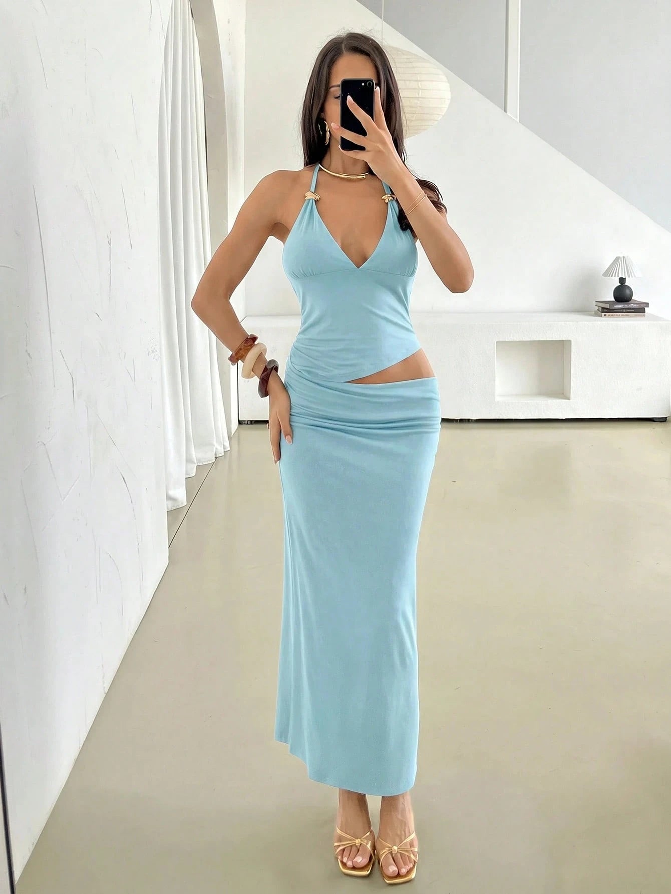 Firerie Women's Elegant Spring/Summer Romantic Sexy Party Music Festival Vacation V-Neck Metal Decor Halter Backless Waist Hollow Bodycon Burgundy Maxi Dress