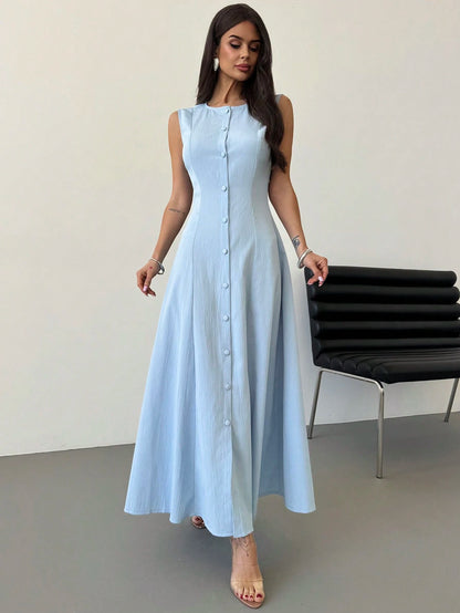 Firerie Women's Elegant Summer Light Blue Tea Party Brunch Everyday Vacation Dress, Sleeveless Front Button Design A-Line Mid-Length Graduation Dresses