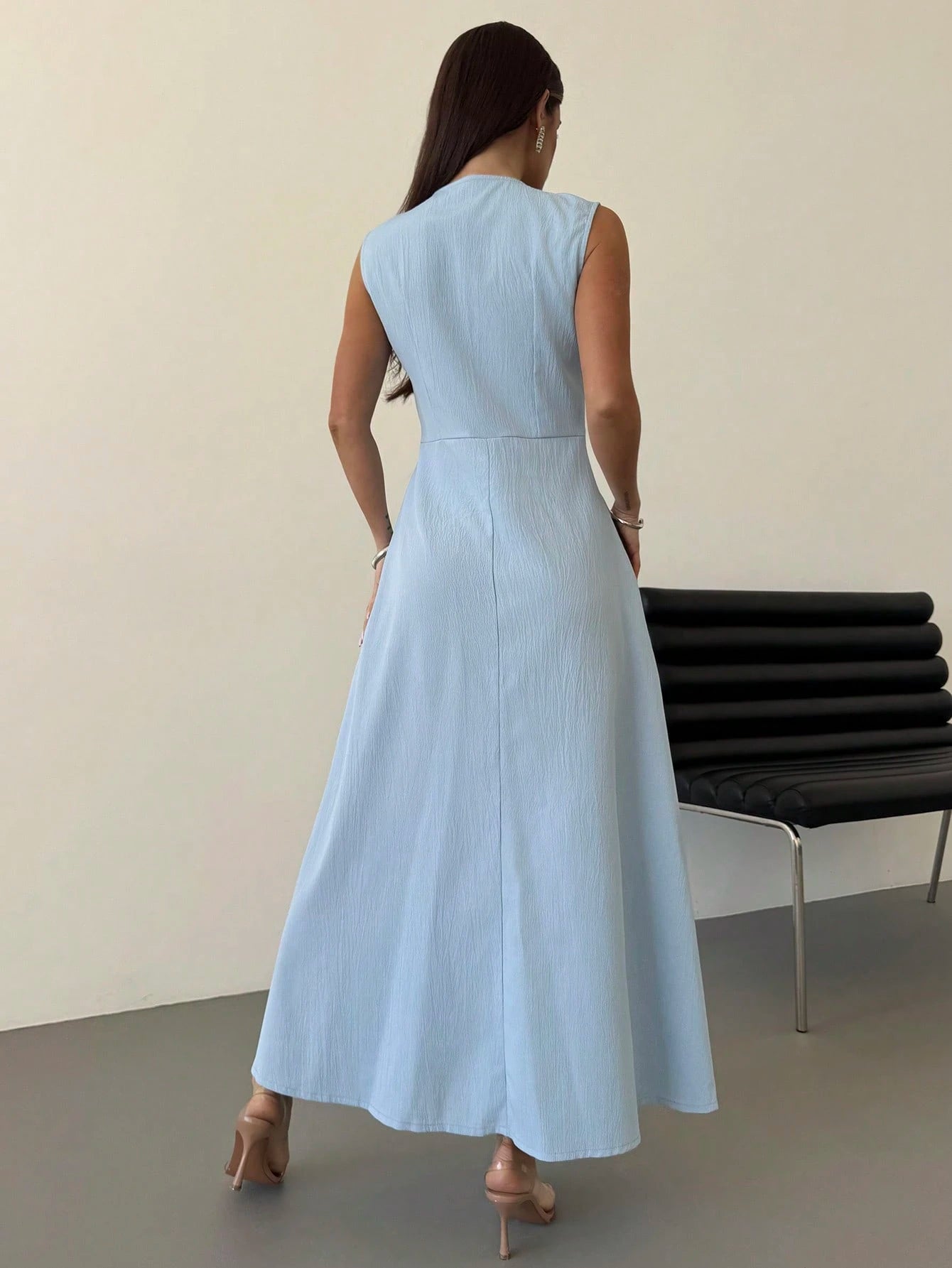 Firerie Women's Elegant Summer Light Blue Tea Party Brunch Everyday Vacation Dress, Sleeveless Front Button Design A-Line Mid-Length Graduation Dresses