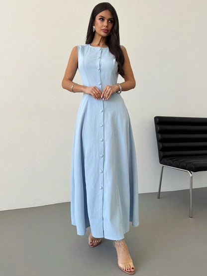 Firerie Women's Elegant Summer Light Blue Tea Party Brunch Everyday Vacation Dress, Sleeveless Front Button Design A-Line Mid-Length Graduation Dresses