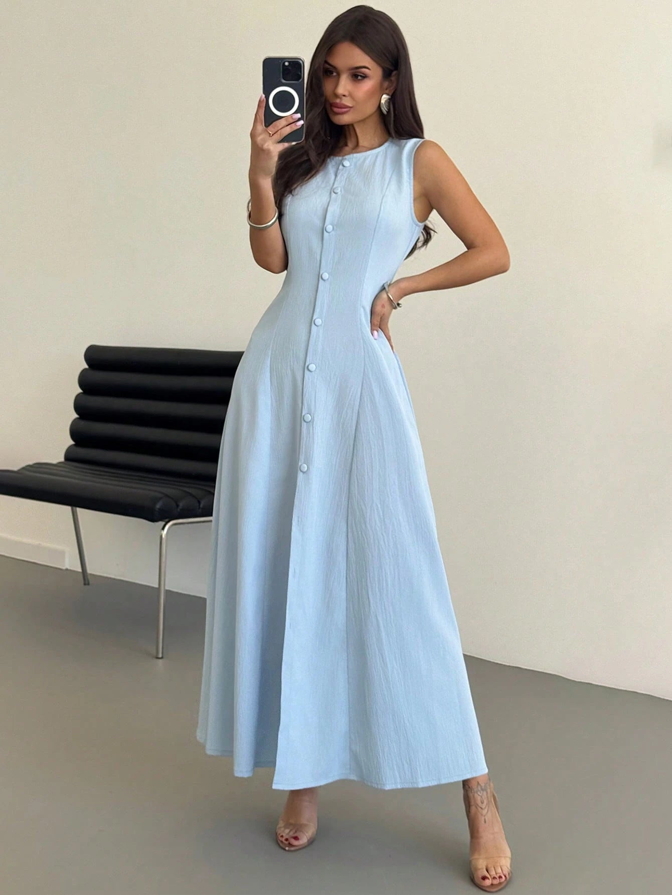 Firerie Women's Elegant Summer Light Blue Tea Party Brunch Everyday Vacation Dress, Sleeveless Front Button Design A-Line Mid-Length Graduation Dresses