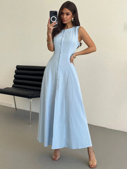 Firerie Women's Elegant Summer Light Blue Tea Party Brunch Everyday Vacation Dress, Sleeveless Front Button Design A-Line Mid-Length Graduation Dresses