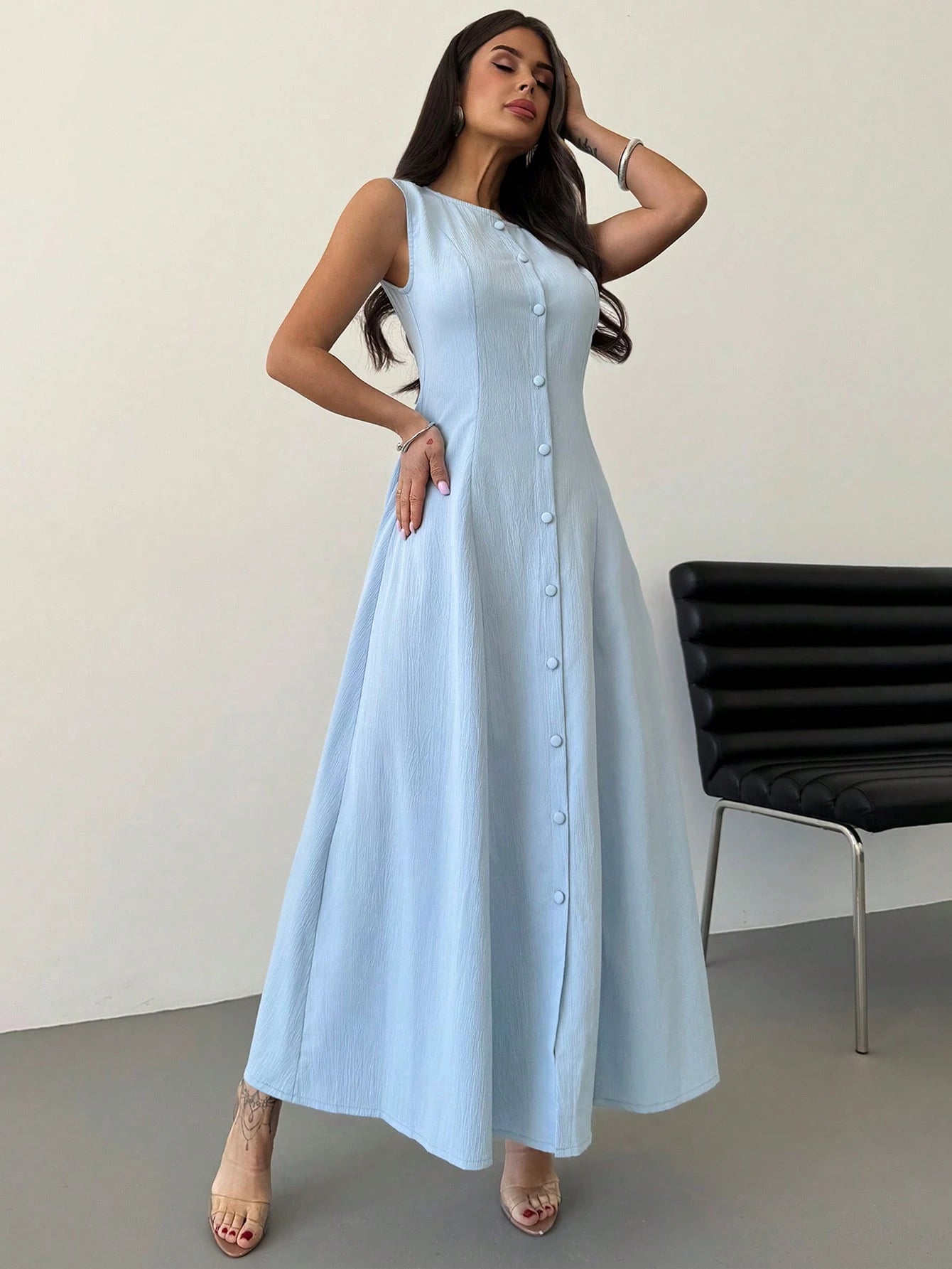 Firerie Women's Elegant Summer Light Blue Tea Party Brunch Everyday Vacation Dress, Sleeveless Front Button Design A-Line Mid-Length Graduation Dresses