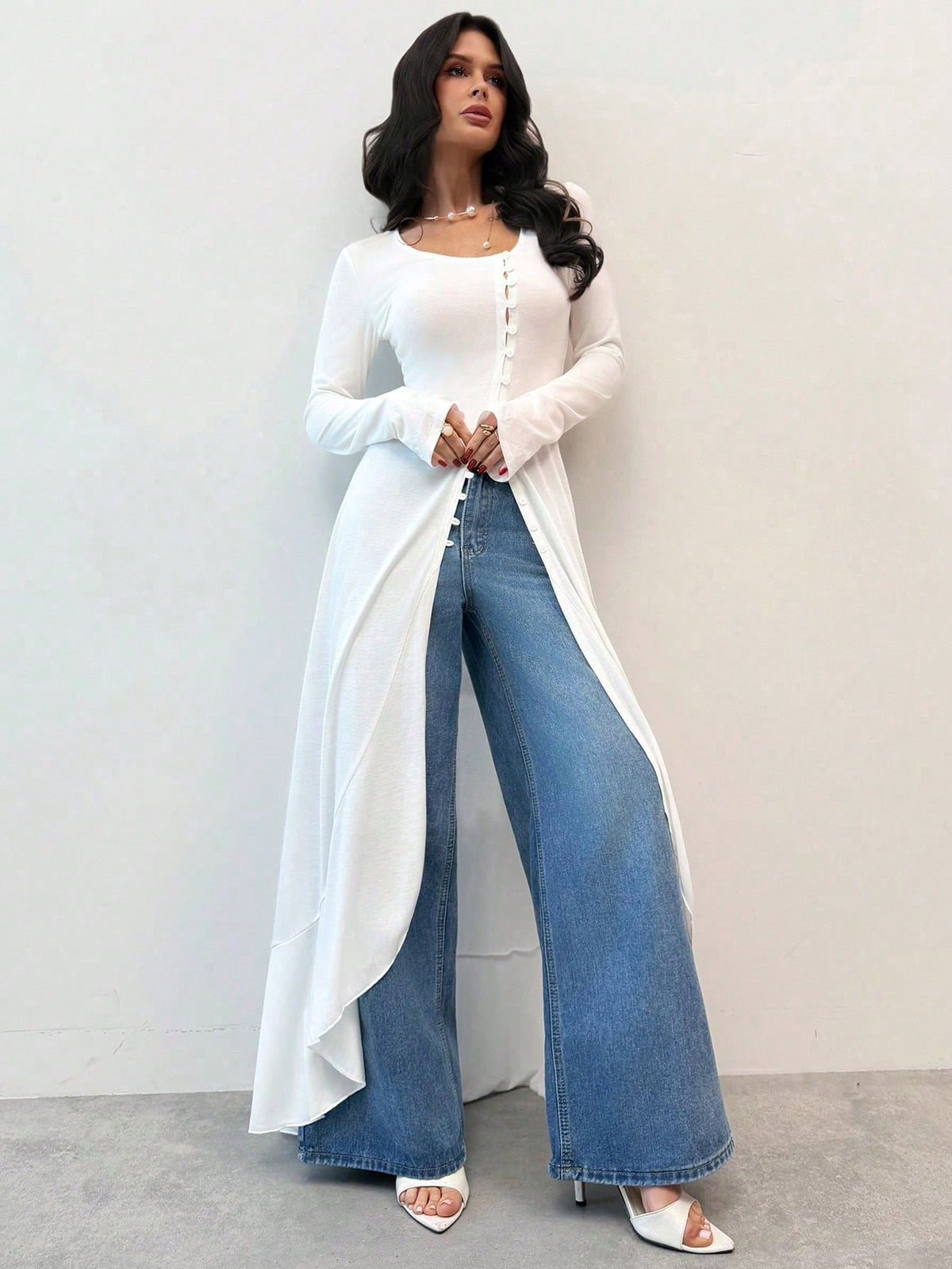 Firerie Women's Elegant White Button Front Long T-Shirt,Minimalist Autumn Commute Solid Top, Bohemian Brunch Vacation,Spring/Summer Lightweight Shirt