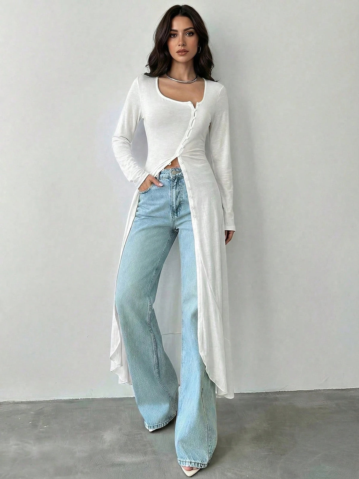 Firerie Women's Elegant White Button Front Long T-Shirt,Minimalist Autumn Commute Solid Top, Bohemian Brunch Vacation,Spring/Summer Lightweight Shirt