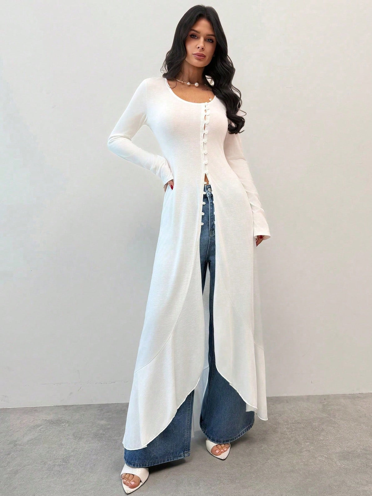 Firerie Women's Elegant White Button Front Long T-Shirt,Minimalist Autumn Commute Solid Top, Bohemian Brunch Vacation,Spring/Summer Lightweight Shirt