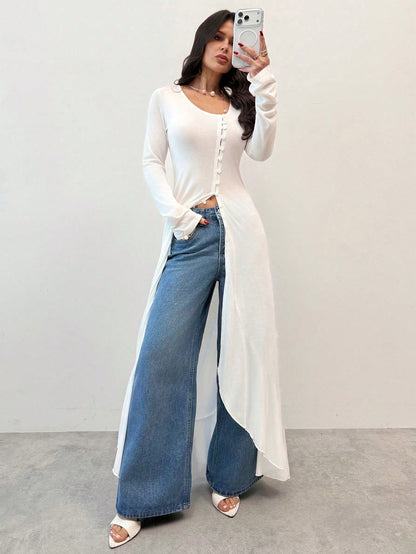 Firerie Women's Elegant White Button Front Long T-Shirt,Minimalist Autumn Commute Solid Top, Bohemian Brunch Vacation,Spring/Summer Lightweight Shirt