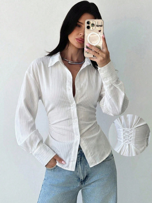 Firerie Women's Elegant White Long Sleeve Striped Shirt,Tie-Waist Cinched Autumn Blouses,Casual Office Work Attire,Bohemian Teachers' Day Commuter Blouse