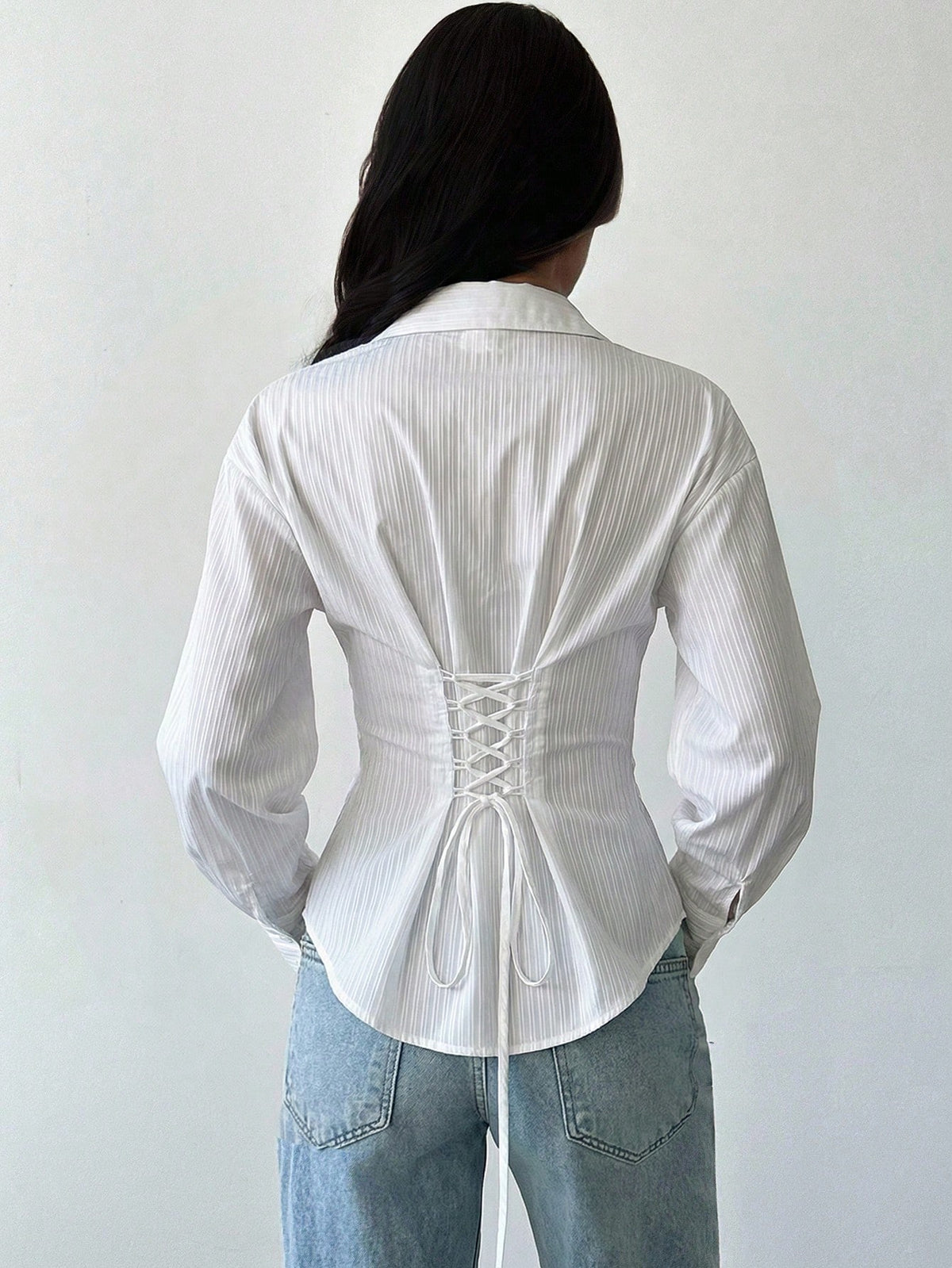 Firerie Women's Elegant White Long Sleeve Striped Shirt,Tie-Waist Cinched Autumn Blouses,Casual Office Work Attire,Bohemian Teachers' Day Commuter Blouse