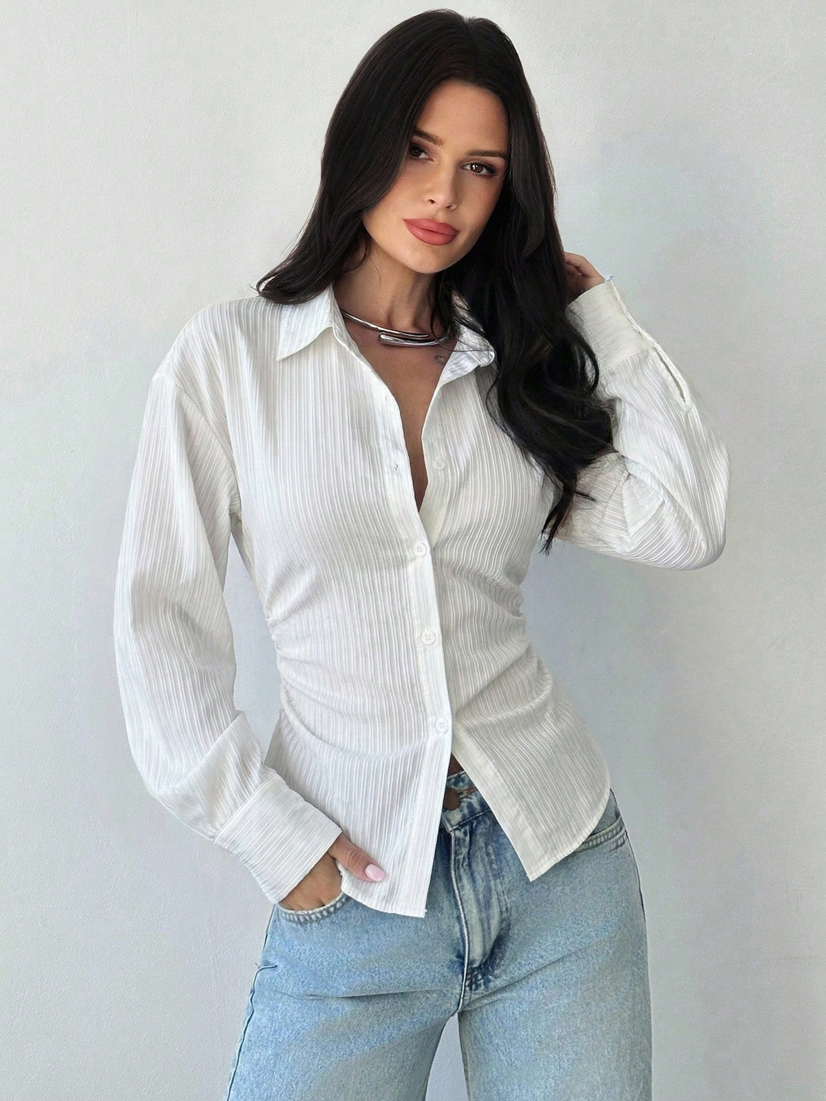 Firerie Women's Elegant White Long Sleeve Striped Shirt,Tie-Waist Cinched Autumn Blouses,Casual Office Work Attire,Bohemian Teachers' Day Commuter Blouse