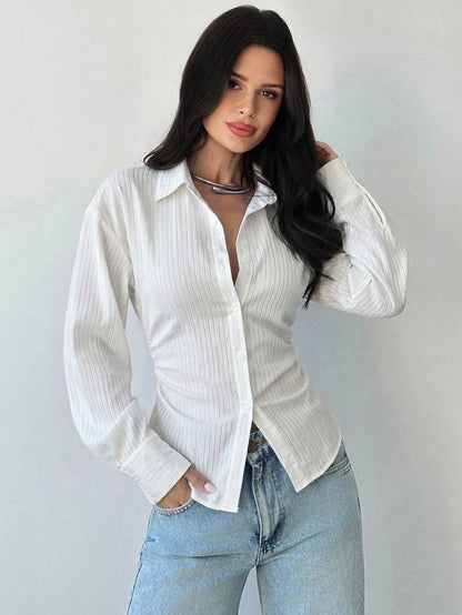 Firerie Women's Elegant White Long Sleeve Striped Shirt,Tie-Waist Cinched Autumn Blouses,Casual Office Work Attire,Bohemian Teachers' Day Commuter Blouse