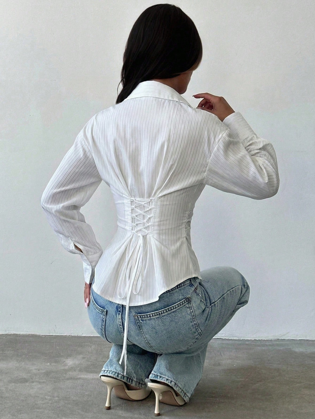 Firerie Women's Elegant White Long Sleeve Striped Shirt,Tie-Waist Cinched Autumn Blouses,Casual Office Work Attire,Bohemian Teachers' Day Commuter Blouse