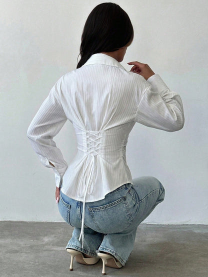 Firerie Women's Elegant White Long Sleeve Striped Shirt,Tie-Waist Cinched Autumn Blouses,Casual Office Work Attire,Bohemian Teachers' Day Commuter Blouse