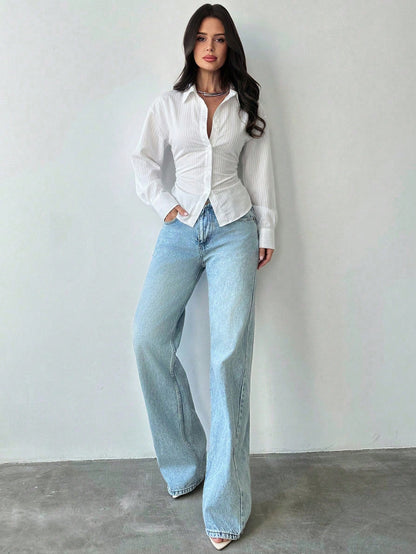 Firerie Women's Elegant White Long Sleeve Striped Shirt,Tie-Waist Cinched Autumn Blouses,Casual Office Work Attire,Bohemian Teachers' Day Commuter Blouse