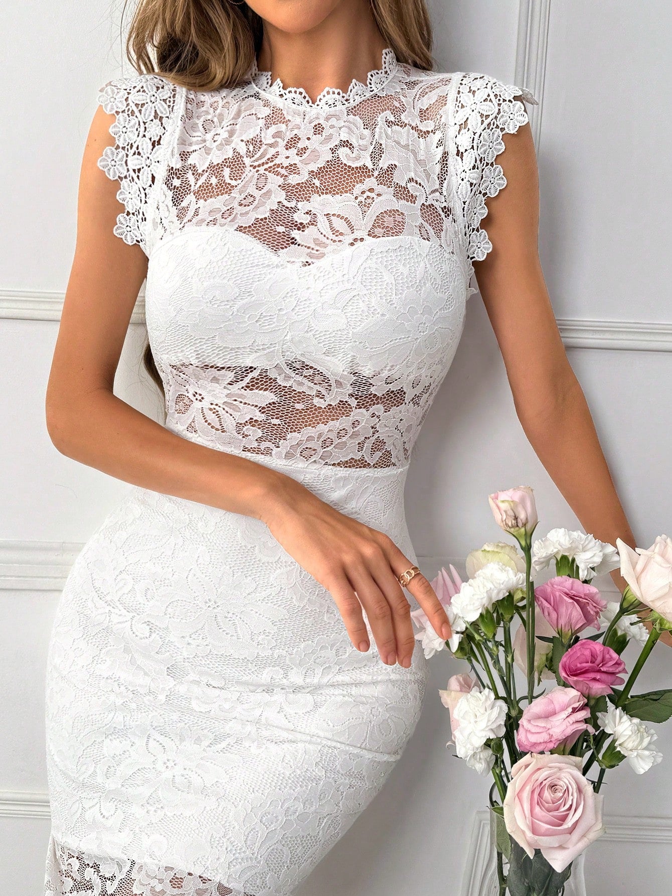 Firerie Women's Hen Party Summer Simple And Elegant White Lace Cap Sleeve And Hollow Waist Dress For Wedding Season