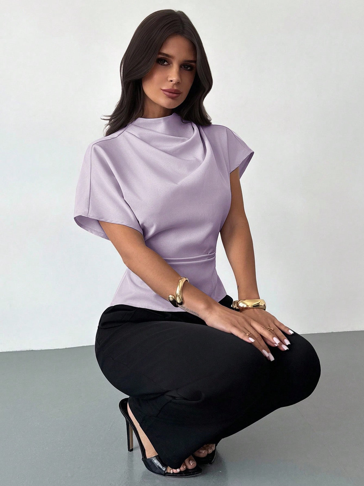 Firerie Women's Light Purple Bamboo Linen Blouse, Crinkle Collar Asymmetric Sleeve Side Ruched Waist Slim Fit Elegant Summer Office Top