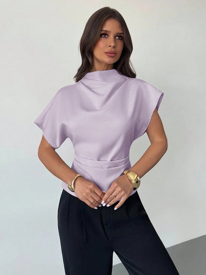 Firerie Women's Light Purple Bamboo Linen Blouse, Crinkle Collar Asymmetric Sleeve Side Ruched Waist Slim Fit Elegant Summer Office Top