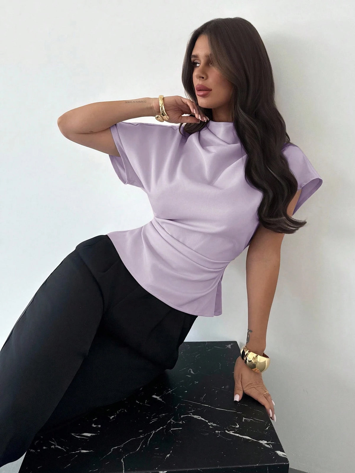Firerie Women's Light Purple Bamboo Linen Blouse, Crinkle Collar Asymmetric Sleeve Side Ruched Waist Slim Fit Elegant Summer Office Top