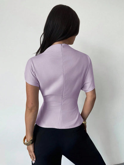 Firerie Women's Light Purple Bamboo Linen Blouse, Crinkle Collar Asymmetric Sleeve Side Ruched Waist Slim Fit Elegant Summer Office Top