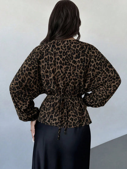Firerie Women's New Minimalist Sexy Elegant Romantic Casual Daily Urban Commute Fashion Versatile Leopard Print Round Neck Batwing Sleeve Ruched Blouse Autumn